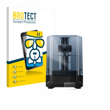 Parte frontal de un envase de producto con el logotipo de la marca BROTECT. Al lado se muestra el dispositivo Anycubic Photon 