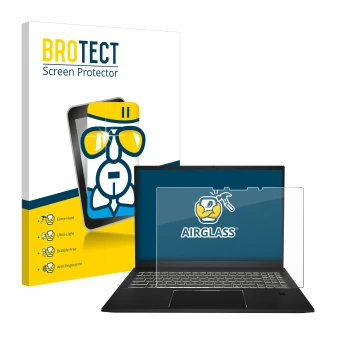 Parte frontal de un envase de producto con el logotipo de la marca BROTECT. Al lado se muestra el dispositivo MSI Summit E16 A