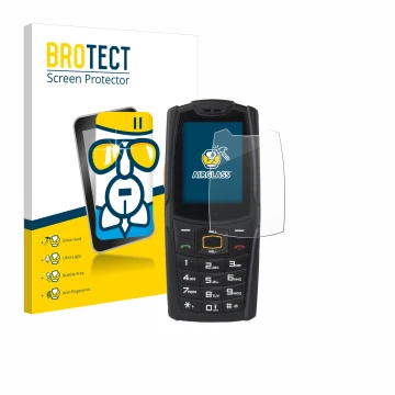 Parte frontal de un envase de producto con el logotipo de la marca BROTECT. Al lado se muestra el dispositivo AGM M6 con su pr