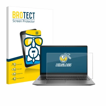 Parte frontal de un envase de producto con el logotipo de la marca BROTECT. Al lado se muestra el dispositivo HP Zbook Power 1