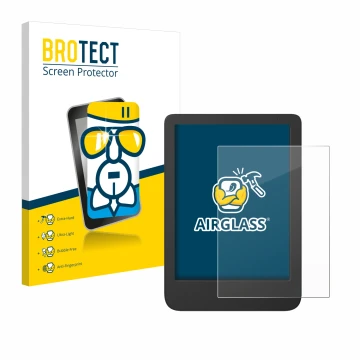 Parte frontal de un envase de producto con el logotipo de la marca BROTECT. Al lado se muestra el dispositivo Tolino Shine 5 C