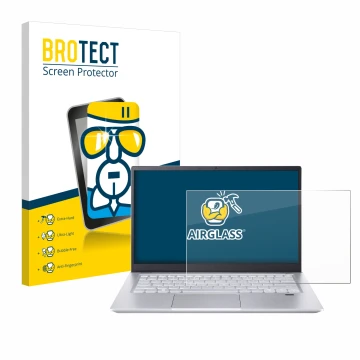 Parte frontal de un envase de producto con el logotipo de la marca BROTECT. Al lado se muestra el dispositivo Acer Swift X 14 