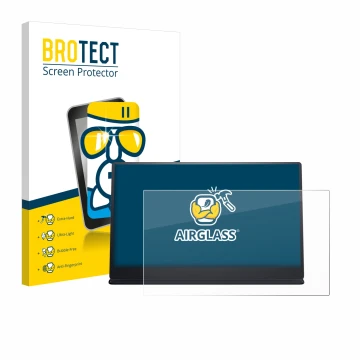 Parte frontal de un envase de producto con el logotipo de la marca BROTECT. Al lado se muestra el dispositivo Dell P1424H con 