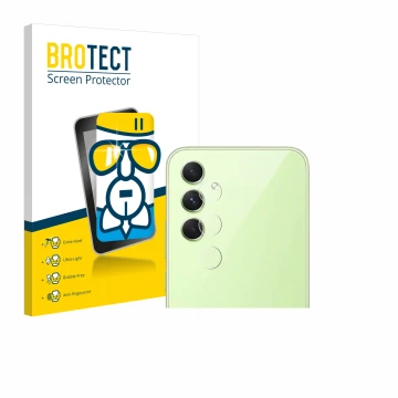 Parte frontal de un envase de producto con el logotipo de la marca BROTECT. Al lado se muestra el dispositivo Samsung Galaxy A
