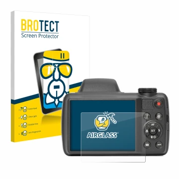 Parte frontal de un envase de producto con el logotipo de la marca BROTECT. Al lado se muestra el dispositivo Kodak Pixpro AZ5