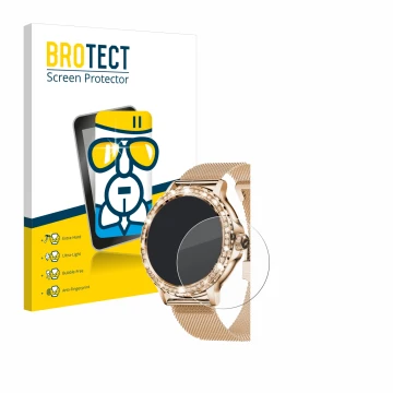 Parte frontal de un envase de producto con el logotipo de la marca BROTECT. Al lado se muestra el dispositivo walkbee Smartwat