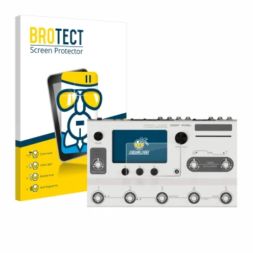 Parte frontal de un envase de producto con el logotipo de la marca BROTECT. Al lado se muestra el dispositivo Hotone Ampero II