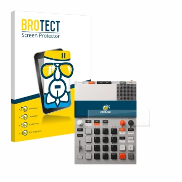 Parte frontal de un envase de producto con el logotipo de la marca BROTECT. Al lado se muestra el dispositivo Teenage Engineer