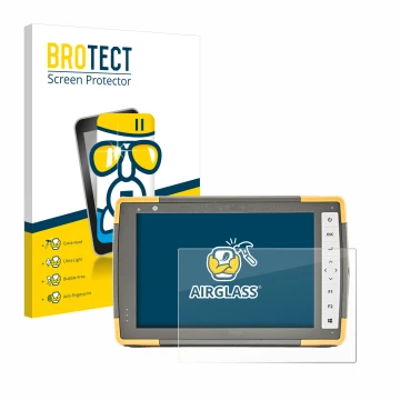Parte frontal de un envase de producto con el logotipo de la marca BROTECT. Al lado se muestra el dispositivo Topcon FC-6000 c