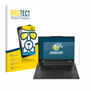Parte frontal de un envase de producto con el logotipo de la marca BROTECT. Al lado se muestra el dispositivo Lenovo ThinkPad 