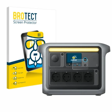 Parte frontal de un envase de producto con el logotipo de la marca BROTECT. Al lado se muestra el dispositivo Anker SOLIX C100