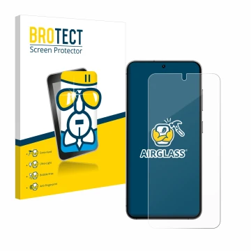 Parte frontal de un envase de producto con el logotipo de la marca BROTECT. Al lado se muestra el dispositivo Samsung Galaxy S