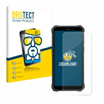 Parte frontal de un envase de producto con el logotipo de la marca BROTECT. Al lado se muestra el dispositivo Oukitel WP32 con