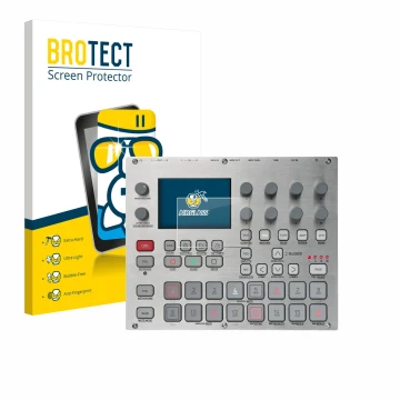 Parte frontal de un envase de producto con el logotipo de la marca BROTECT. Al lado se muestra el dispositivo Elektron Syntakt