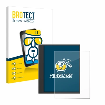 Parte frontal de un envase de producto con el logotipo de la marca BROTECT. Al lado se muestra el dispositivo PocketBook InkPa