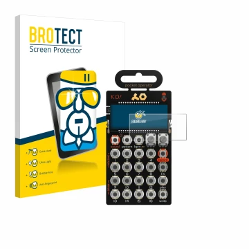 Parte frontal de un envase de producto con el logotipo de la marca BROTECT. Al lado se muestra el dispositivo Teenage Engineer