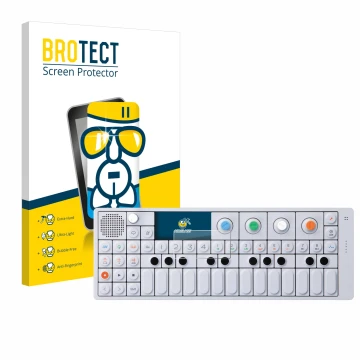 Parte frontal de un envase de producto con el logotipo de la marca BROTECT. Al lado se muestra el dispositivo Teenage Engineer
