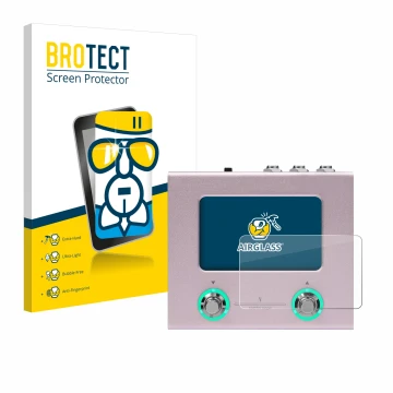 Parte frontal de un envase de producto con el logotipo de la marca BROTECT. Al lado se muestra el dispositivo Hotone Ampero Mi