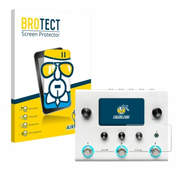 Parte frontal de un envase de producto con el logotipo de la marca BROTECT. Al lado se muestra el dispositivo Hotone Ampero II
