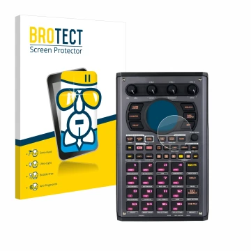 Parte frontal de un envase de producto con el logotipo de la marca BROTECT. Al lado se muestra el dispositivo Roland SP-404MKI