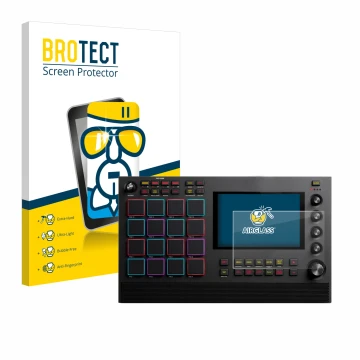 Parte frontal de un envase de producto con el logotipo de la marca BROTECT. Al lado se muestra el dispositivo Akai MPC Live II