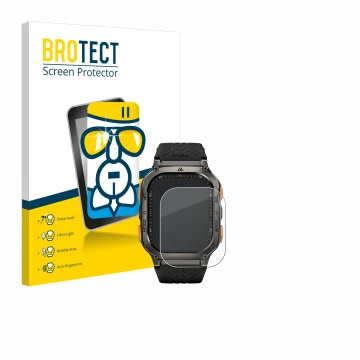 Parte frontal de un envase de producto con el logotipo de la marca BROTECT. Al lado se muestra el dispositivo Kospet Tank M3 U