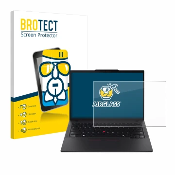 Parte frontal de un envase de producto con el logotipo de la marca BROTECT. Al lado se muestra el dispositivo Lenovo ThinkPad 