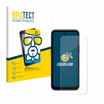 Parte frontal de un envase de producto con el logotipo de la marca BROTECT. Al lado se muestra el dispositivo HMD XR21 con su 