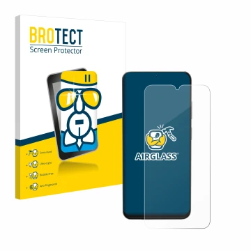 Parte frontal de un envase de producto con el logotipo de la marca BROTECT. Al lado se muestra el dispositivo Doogee N55 Pro c