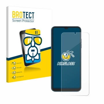 Parte frontal de un envase de producto con el logotipo de la marca BROTECT. Al lado se muestra el dispositivo Hotwav Note 13 c