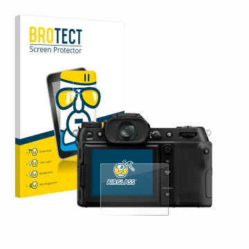 Parte frontal de un envase de producto con el logotipo de la marca BROTECT. Al lado se muestra el dispositivo Fujifilm GFX100S