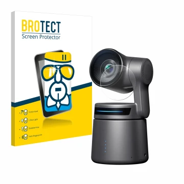 Parte frontal de un envase de producto con el logotipo de la marca BROTECT. Al lado se muestra el dispositivo OBSBOT Tail Air 