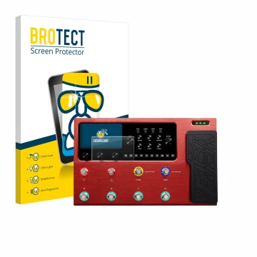 Parte frontal de un envase de producto con el logotipo de la marca BROTECT. Al lado se muestra el dispositivo Valeton GP-200R 