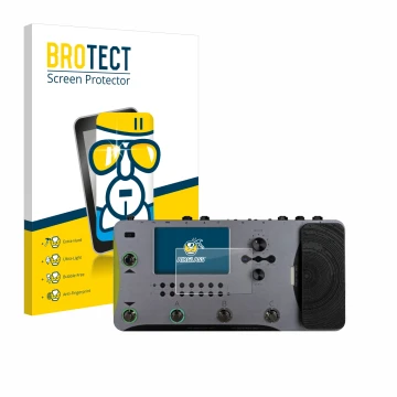 Parte frontal de un envase de producto con el logotipo de la marca BROTECT. Al lado se muestra el dispositivo Mooer GE1000 con