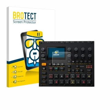 Parte frontal de un envase de producto con el logotipo de la marca BROTECT. Al lado se muestra el dispositivo Elektron Digitak