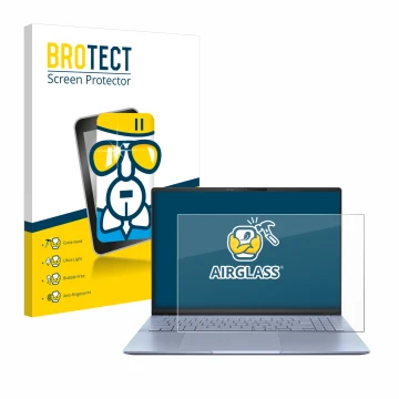 Parte frontal de un envase de producto con el logotipo de la marca BROTECT. Al lado se muestra el dispositivo ASUS Vivobook S1