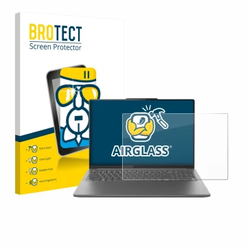 Parte frontal de un envase de producto con el logotipo de la marca BROTECT. Al lado se muestra el dispositivo Lenovo Yoga Pro 