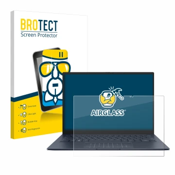 Parte frontal de un envase de producto con el logotipo de la marca BROTECT. Al lado se muestra el dispositivo ASUS ZenBook 14 