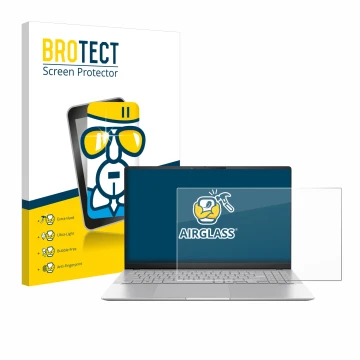 Parte frontal de un envase de producto con el logotipo de la marca BROTECT. Al lado se muestra el dispositivo ASUS Vivobook S 