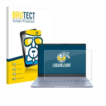 Parte frontal de un envase de producto con el logotipo de la marca BROTECT. Al lado se muestra el dispositivo ASUS Vivobook S 