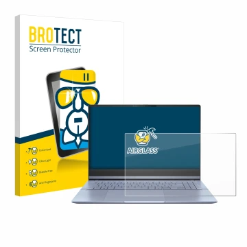 Parte frontal de un envase de producto con el logotipo de la marca BROTECT. Al lado se muestra el dispositivo ASUS Vivobook S 