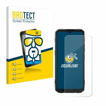 Parte frontal de un envase de producto con el logotipo de la marca BROTECT. Al lado se muestra el dispositivo Hotwav Cyber 15 
