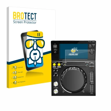Parte frontal de un envase de producto con el logotipo de la marca BROTECT. Al lado se muestra el dispositivo Pioneer XDJ -700