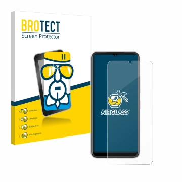 Parte frontal de un envase de producto con el logotipo de la marca BROTECT. Al lado se muestra el dispositivo Telekom T Phone 