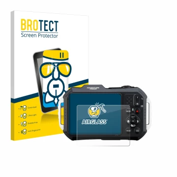 Parte frontal de un envase de producto con el logotipo de la marca BROTECT. Al lado se muestra el dispositivo Ricoh Pentax WG-