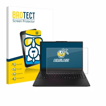 Parte frontal de un envase de producto con el logotipo de la marca BROTECT. Al lado se muestra el dispositivo Lenovo ThinkPad 