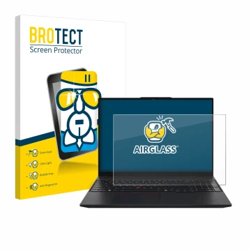 Parte frontal de un envase de producto con el logotipo de la marca BROTECT. Al lado se muestra el dispositivo Lenovo ThinkPad 