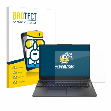Parte frontal de un envase de producto con el logotipo de la marca BROTECT. Al lado se muestra el dispositivo Lenovo ThinkPad 