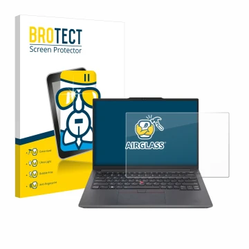 Parte frontal de un envase de producto con el logotipo de la marca BROTECT. Al lado se muestra el dispositivo Lenovo ThinkPad 