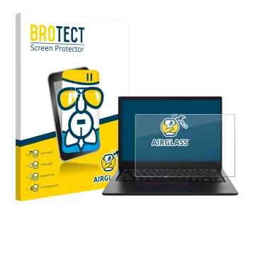 Parte frontal de un envase de producto con el logotipo de la marca BROTECT. Al lado se muestra el dispositivo Lenovo ThinkPad 